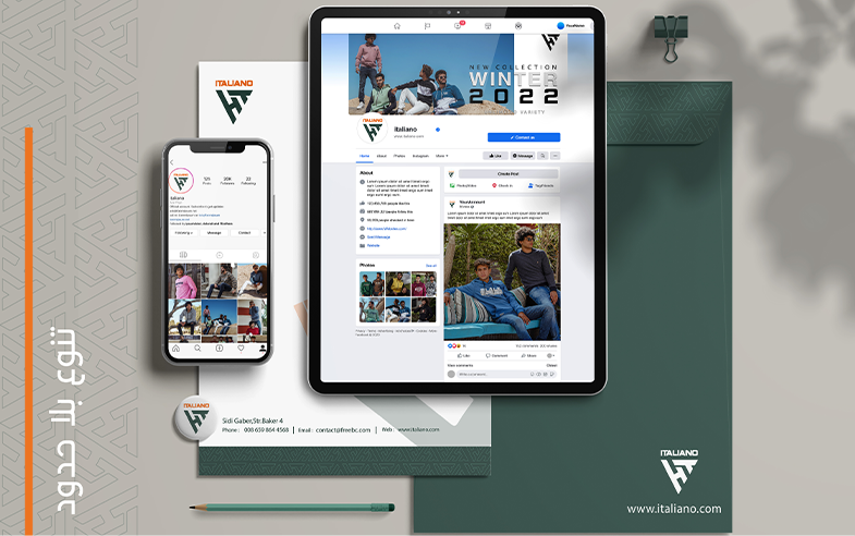 Italiano brand identity with stationery and social media mockups